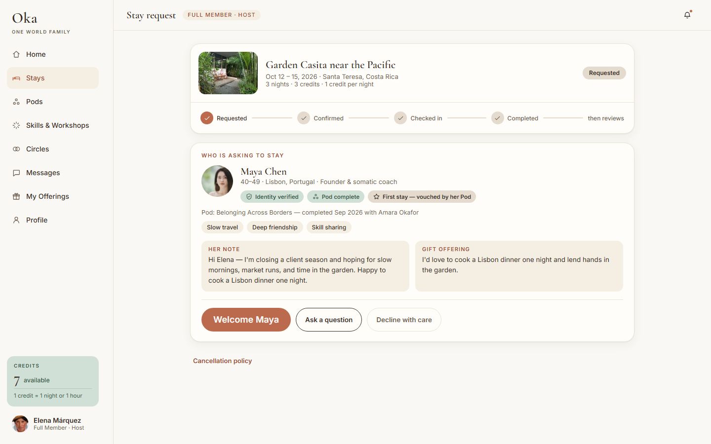 The host decision screen — the guest's Pod, verification, intentions and gift offering
